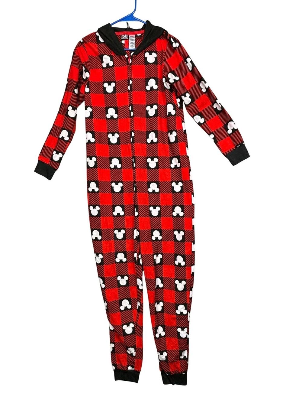 Disney Mickey Mouse One-piece Pajamas Womens Size M Red Plaid Hooded Fleece Zip